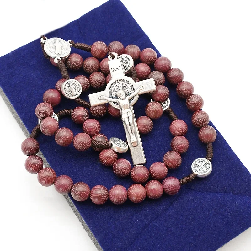 Retro Wooden Rosary Beads Car Ornament For Women Mother Gifts Saint Benedict Medal Cross Jesus Religious Car Pendant