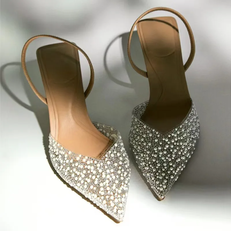 2023 Woman Pumps Pointed toe Pearl Heels Women High-heeled Slingback High heels Wedding Bride Transparent Rhinestone Heels