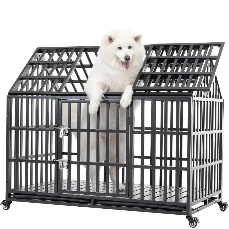 

Heavy Duty Dog Crate Cage Kennel with Wheels, High Anxiety Indestructible, Sturdy Locks Design