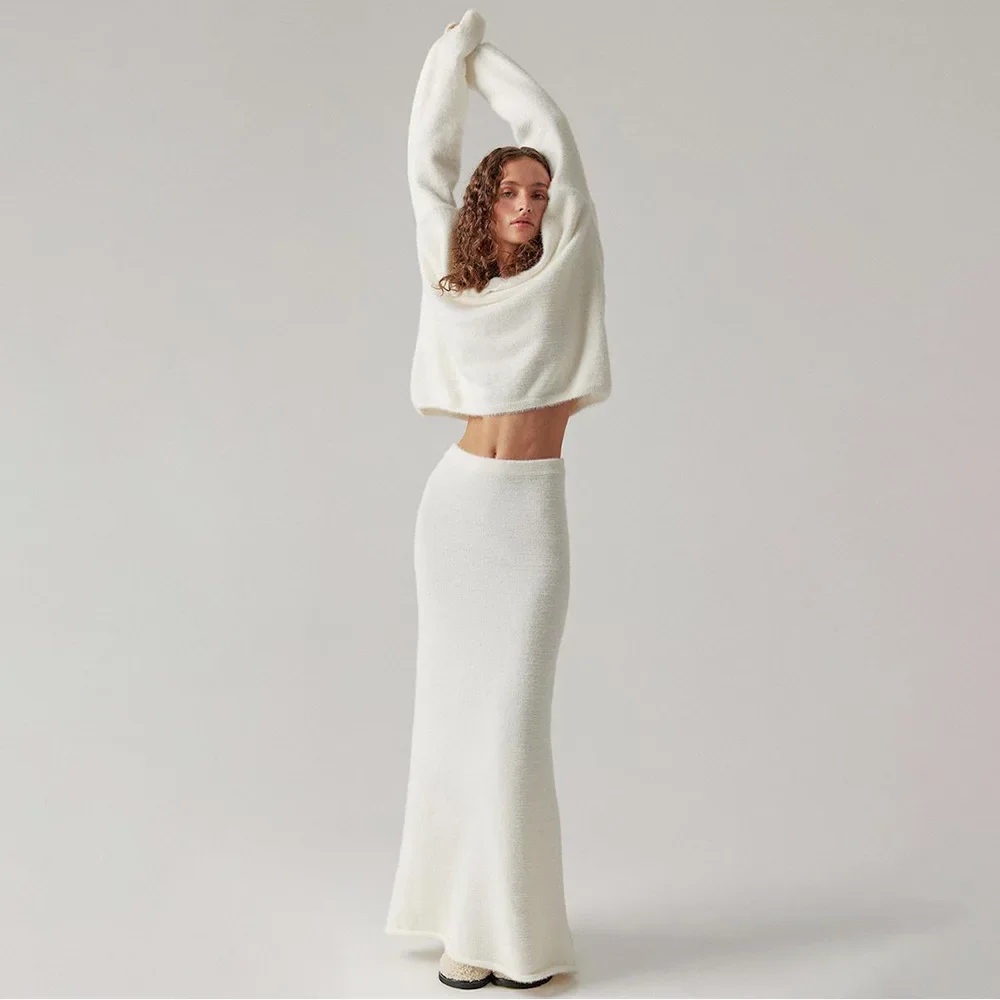 

Imitation Mink Knitted Suit Women's Autumn and Winter European and American Commuting Simple Knitted V-neck Sweater + Skirt Set