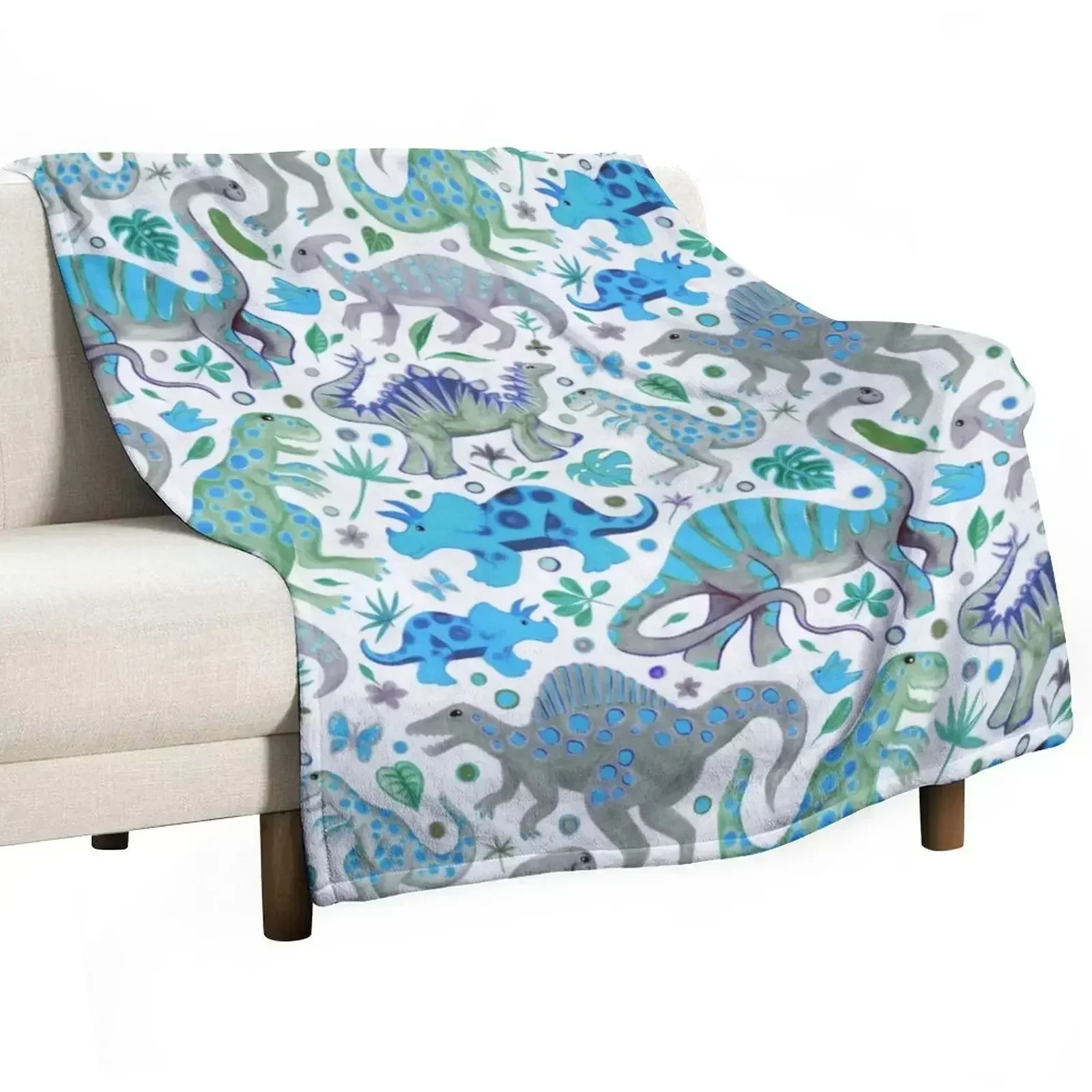 Happy Dinos in Blue and Green Throw Blanket Blankets For Bed Plush Bed heavy to sleep Luxury Blankets