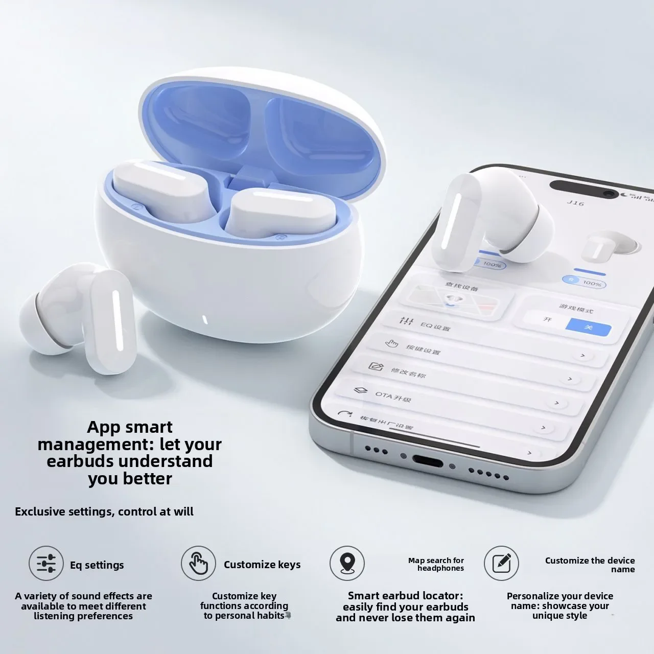 Bluetooth Earphones Wireless with APP Tracking, Noise Cancelling Short Stem, Long Battery Life for Sports and Daily Use