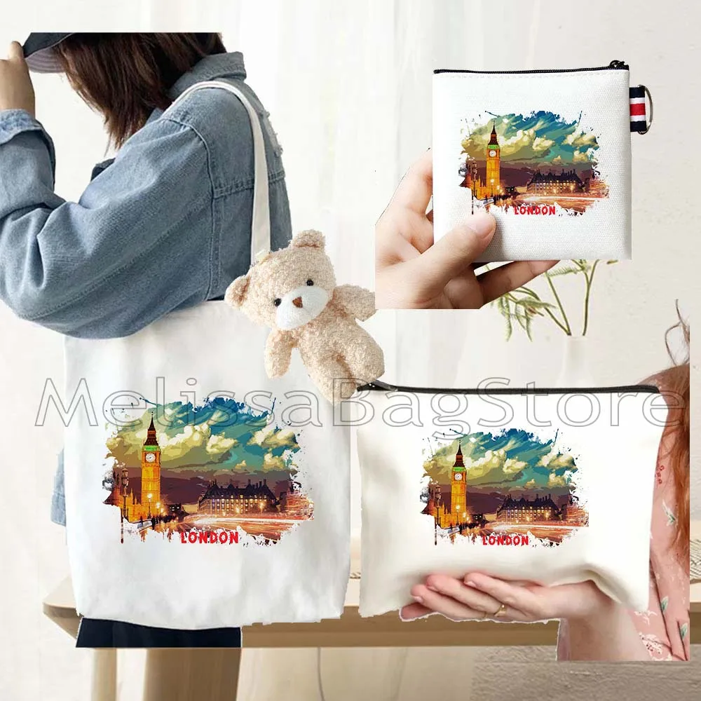 4PCS Gifts Set London City White Canvas Tote Bag Handbag with Doll Key Coin Purse Cosmetic Makeup Toilet Bag Case Pouch