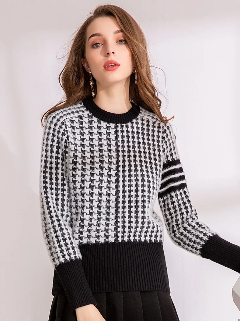 

Women's Long Sve Knitted Sweater Autumn Winter Vintage Bla White Plaid Base Layer Top Warm Cozy round Ne Wool Blend