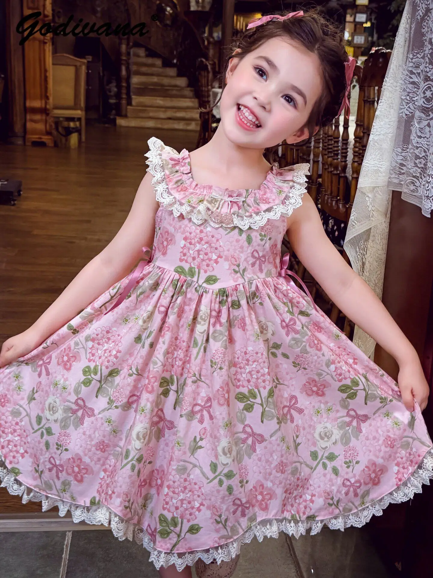 Sweet Baby Girls 2026 New Summer Floral Sundress Kids Elegant Lace Trim High Waist Soft Cotton Sleeveless A-line Cake Slip Dress