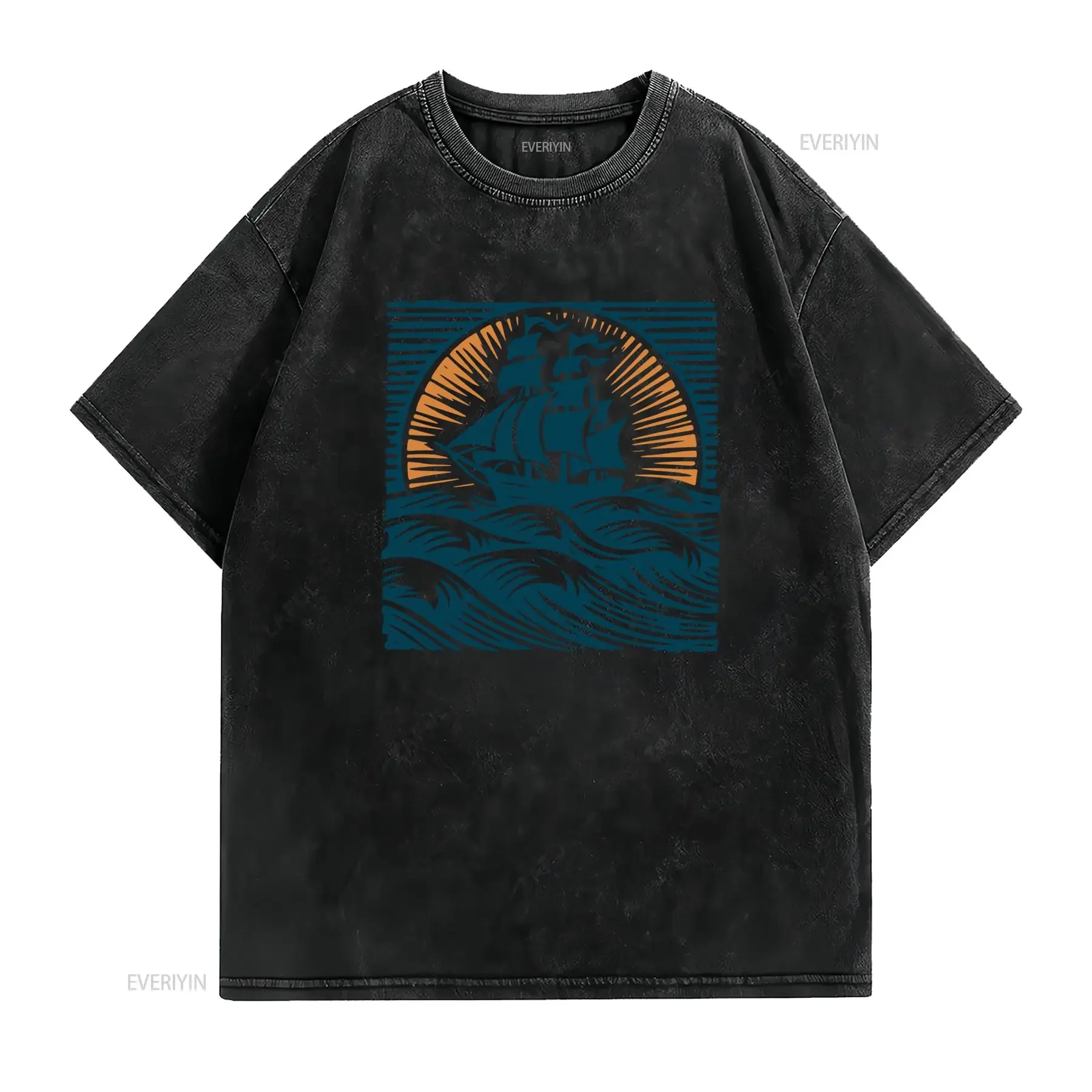 Vintage Nautical Sailing Ship Sunset Ocean Wave Print Casual T Shirt vintage Washed designer clothes Stretched Unisex