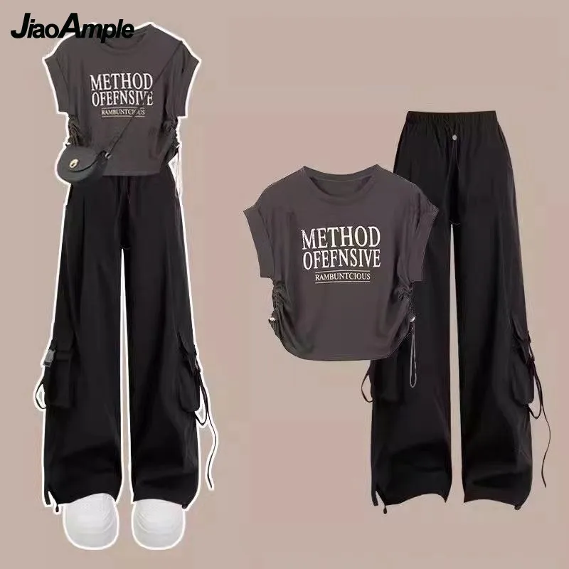 Women Summer New Tracksuit Matching Set Korean Elegant Vintage Short Sleeved T-shirt+Cargo Pants Two Piece Female Sportwear Suit