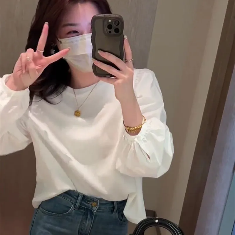 خريف 2025 تي شيرت نسائي طويل أنيق بتصميم فقاعي مريح كاجوال Sle لون نقي مادة أخرى 00% #3