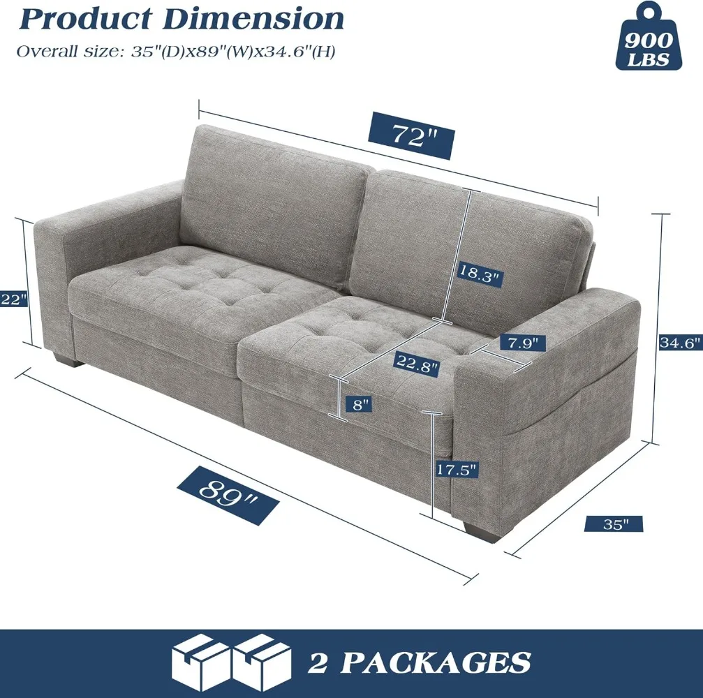 89 Inch Modern Sofa Couch with USB Port & Side Pockets, Chenille Fabric 3 Seater Couch