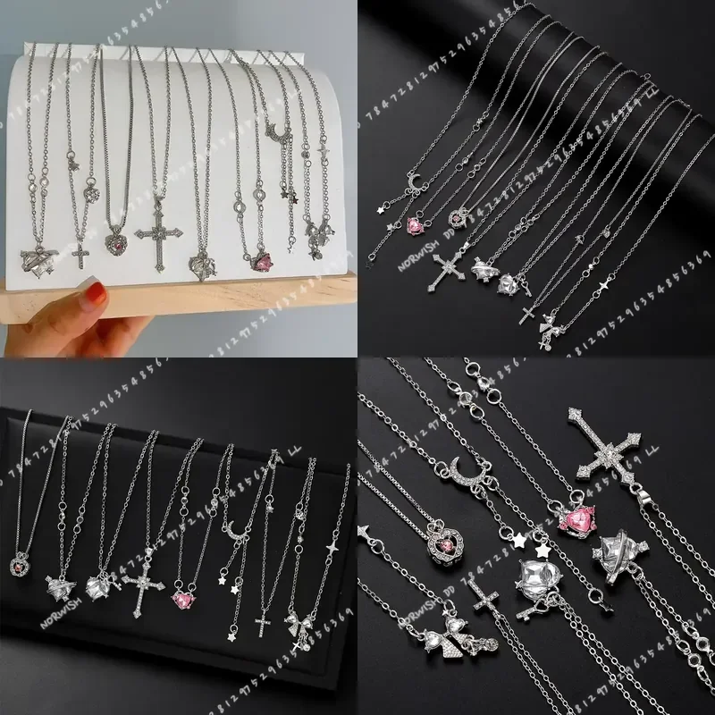 8pcs Y2K Crystal Heart Bow Cross Pendant Necklace Set Women Fashion Kpop Shiny Clavicle Chain Sweet Girls Jewelry