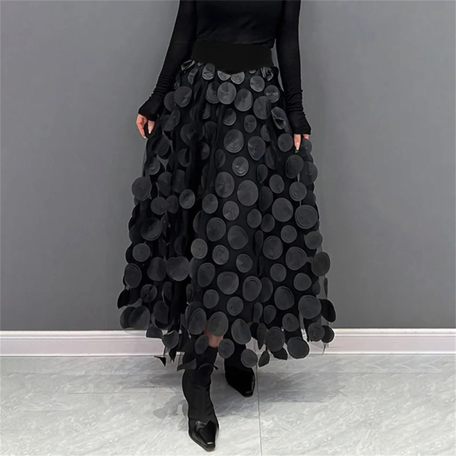 

Fashion Polka Dot Splicing Design Half Body Skirt Women's Temperament High Waisted Long Skirt Solid Color Casual Versatile Skirt