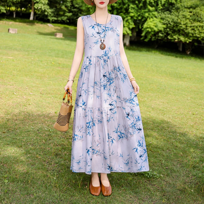 Vintage Floral Print Maxi Dress Women Boho  Sleeveless Long Sashes Dress plus size Casual Shirt Dresses Robe