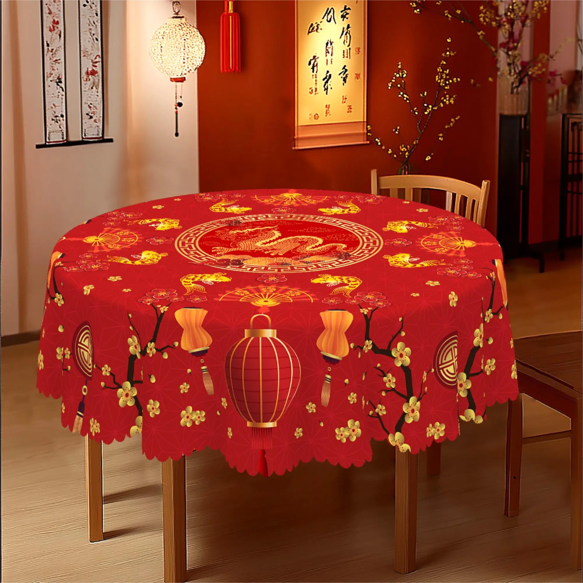 1 Piece of Spring Festival Tablecloth, Available in 5 Sizes, Dragon Totem, Plum Blossom, and Koi Fish Pattern Printed Tablecloth, Embossed Edge
