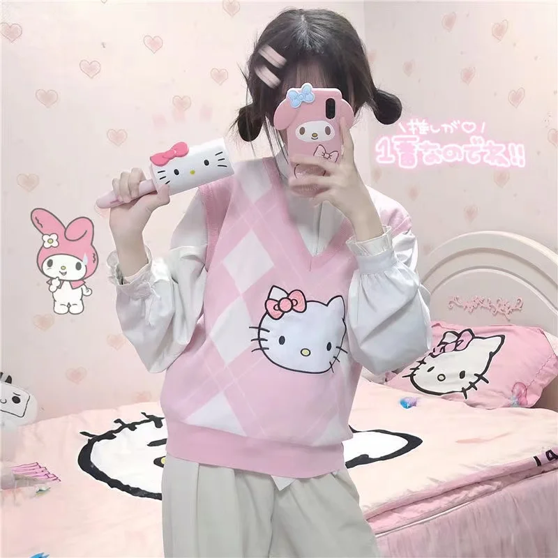 Hello Kitty Cartoon Vest Women Short Loose Trendy  Sleeveless Knitted V-Neck All-match Female Coats Simple Leisure Outwear