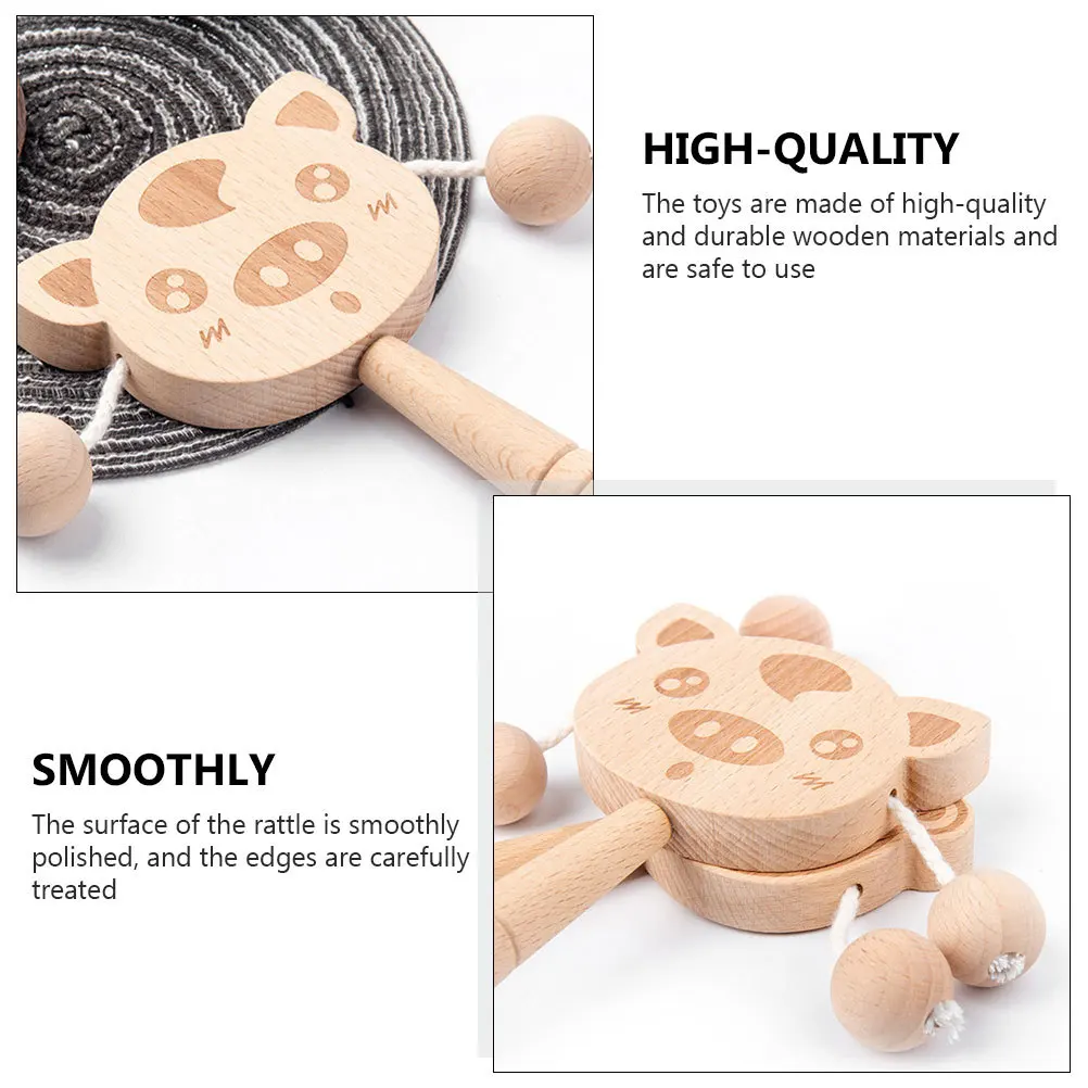 1pc Wooden Rattle Drum Pig Shape Baby For Toddler Hand Bell Musical Instrument Early Education Plaything Shaking Drum Wood