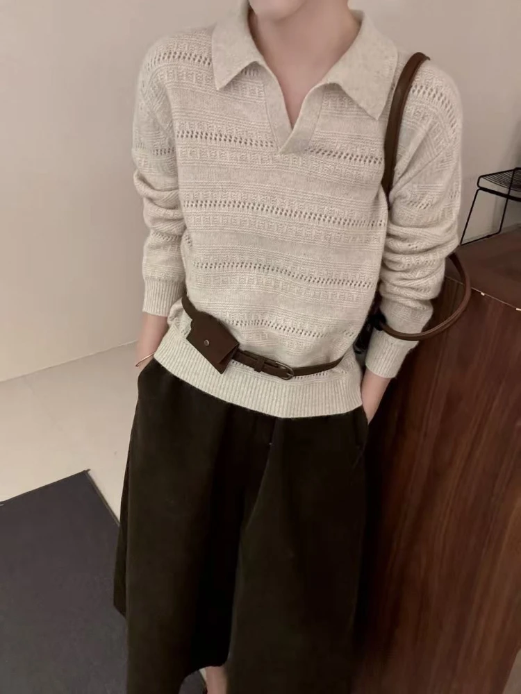 2026 Autumn Korean Chic Solid Color Polo Collar Cutout Knit Top Women Loose Slimming Long Sleeve Warm Sweater