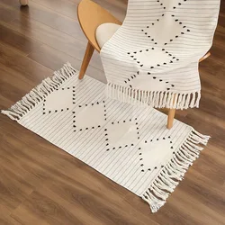 Nordic Cotton Linen Flower Cut Carpet Household Living Room White Black Large Printing Tassel Mat Bedroom Bedside Strip Bed Mat