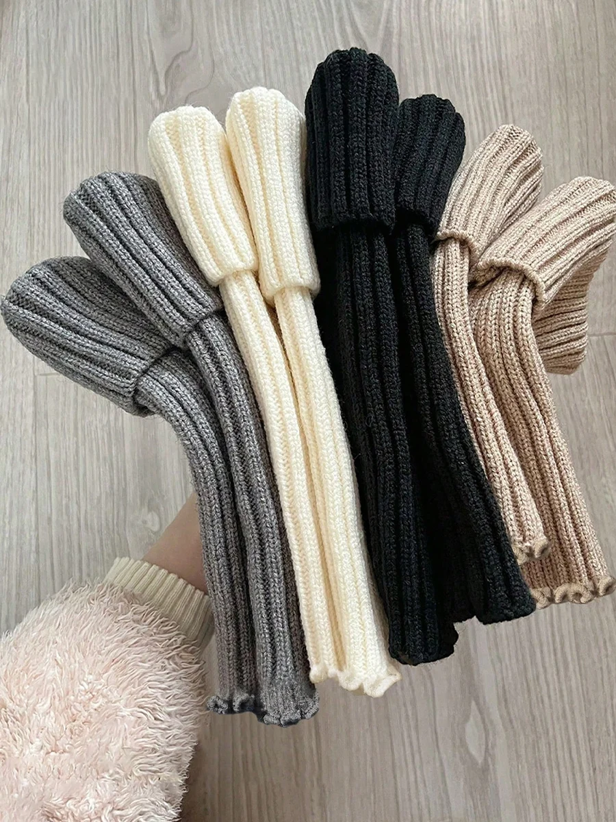 4 Pairs Ladies Solid Color Vertical Stripes Warm Over Knee Socks JK Fashion Autumn Winter Collection Simple Design
