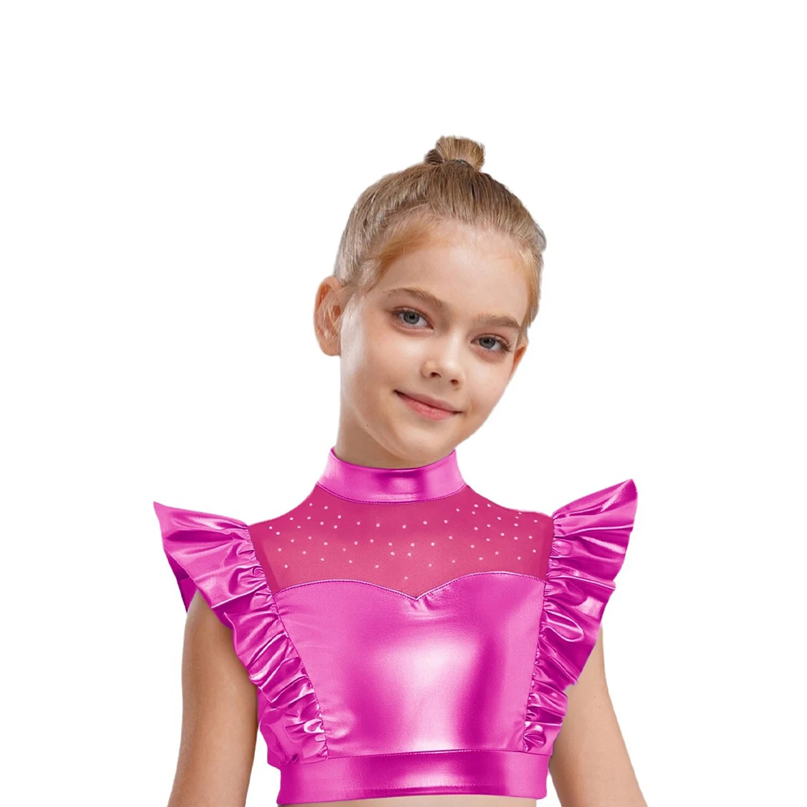

Kids Girls Shirts Metallic Disco Jazz Dance Tops Mock Neck Mesh Patchwork Shiny Rhinestone Sleeveless Ruffle Tank Crop Tops
