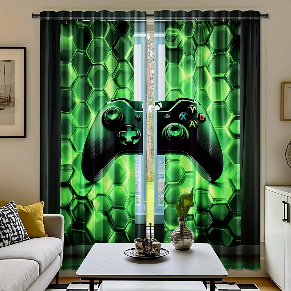 2 pieces of game curtains with 2D gamepad and controller print-vibrant green and black game design polyester fiber