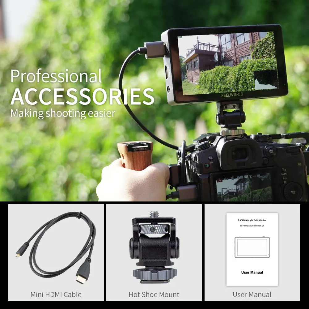 FEELWORLD 5.5นิ้ว3000nit Ultra Bright Touch หน้าจอกล้อง DSLR Field Monitor HDMI 4K ติดตั้งชุดสำหรับ Gimbal Rig youtube LUT5