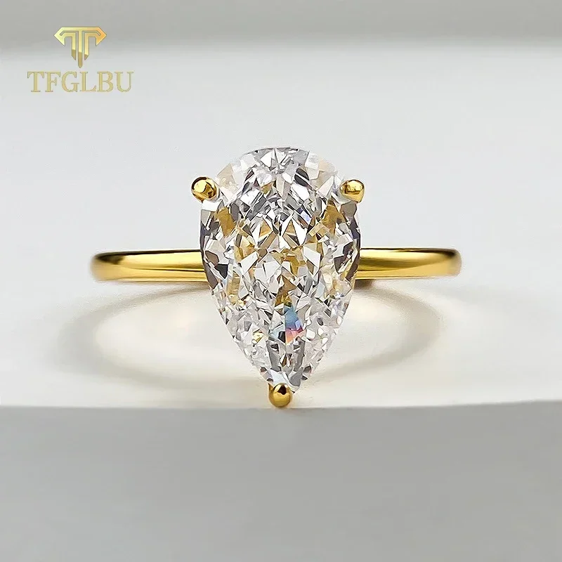 TFGLBU D VVS1 Pear Moissanite Ring for Women GRA Certified Lab Diamond Solid S925 Silver Plated 18k Dainty Wedding Ring Jewelry