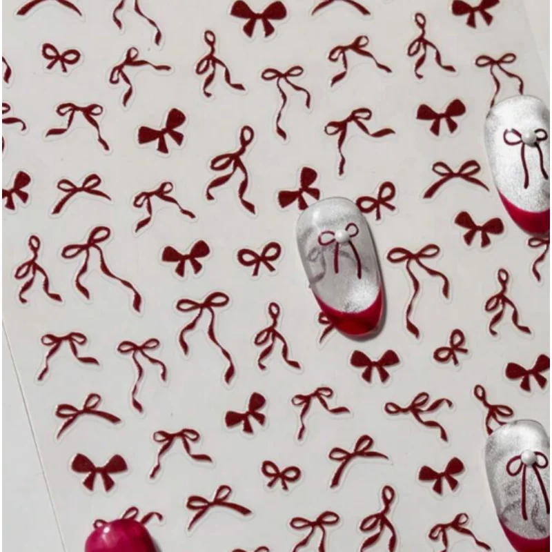 

Наклейки для ногтей с красными лентами и бантиками, жемчугом, 3D-бантиками, гелевые, самоклеящиеся, осенние, для дизайна ногтей, для самостоятельного маникюра, декоративные наклейки