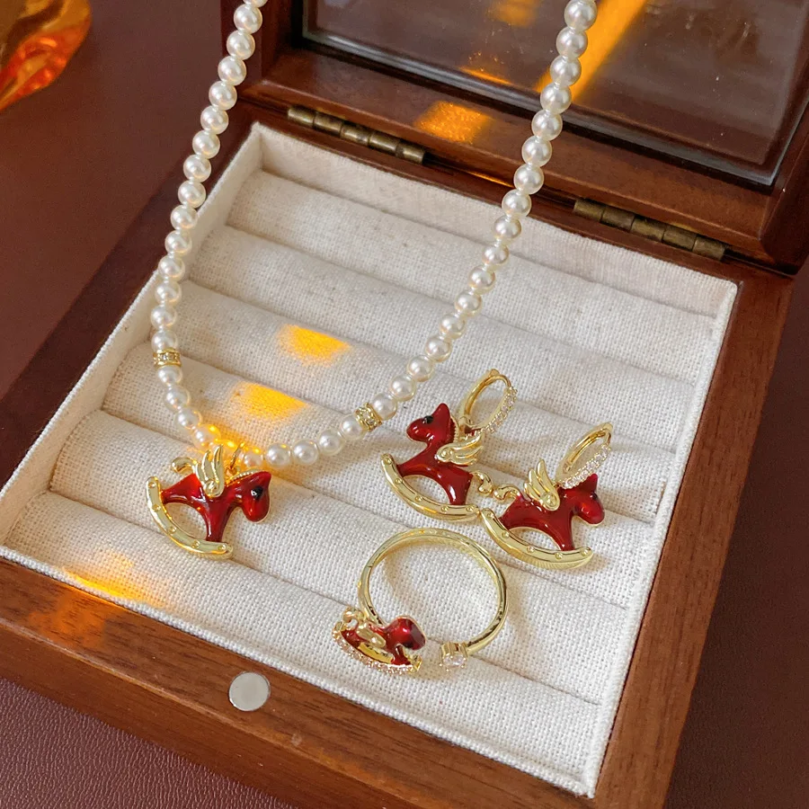 3 Pcs Red Dripping Oil Winged Horse Pendant Necklace Imitation Pearl Beaed Neck Chain Earrings Rings Cartoon Jewelry Set Gifts N