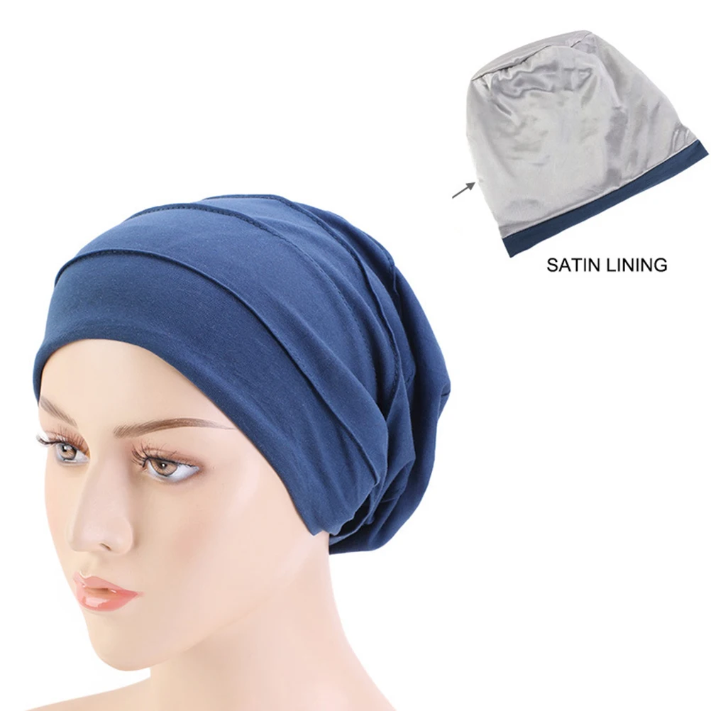 

1pc Women'S Double Layer Sleep Bonnet Hair Cap Night Use Makeup Face Wash Dark Blue Elastic Comfortable Warm For Most Head Sizes