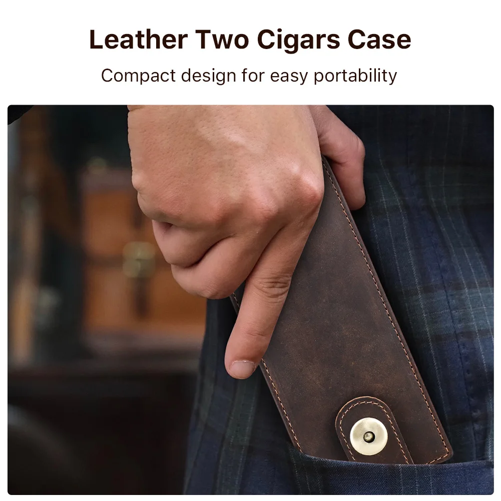 Luxury Retro Cowhide Leather 2 Slots Cigar Case Humidor Box Travel Portable Display Cutter Pouch with Megnetic Buckle Closure