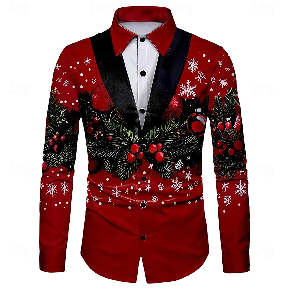 

Men's 3D Printed Long Sleeved Lapel Shirt Pine Branch Christmas Ball Snowflake Element Fake Two-Piece Suit 2025 Style