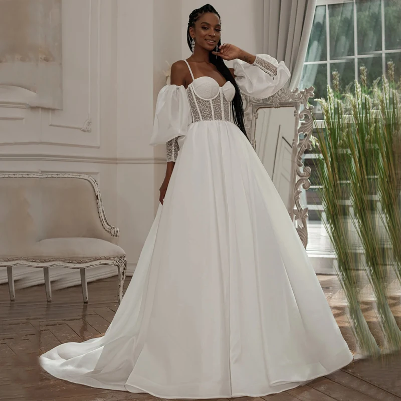 

Sweetheart Spaghetti Strap Corset Designs Puff Sleeve Wedding Dresses Pleats Tulle A-Line Bridal Gowns