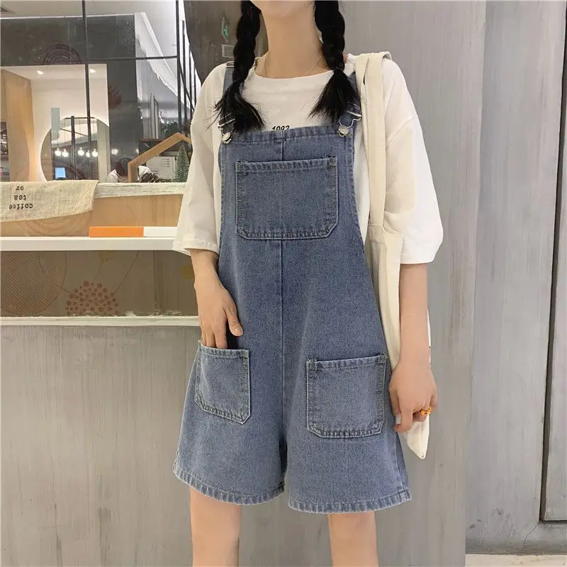 Summer and Autumn Thin Casual Loose Overalls Korean Version Student Jumpsuit Wide Leg High Waist Short Jeans Women