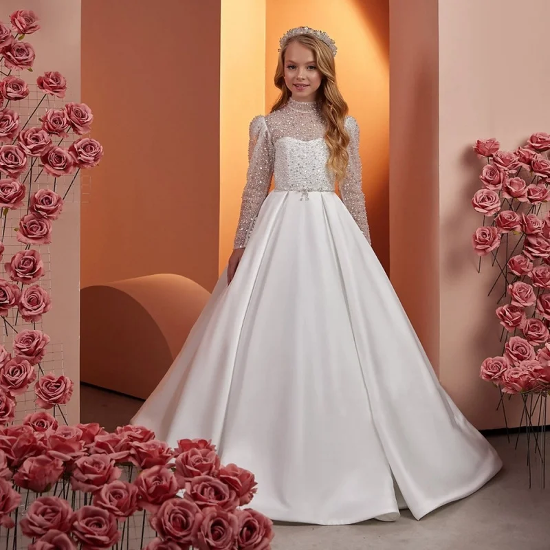 Princess Dress Children's Gown French Style New High-End Baby Girl Long Sleeve Tail Evening Dress Birthday Party Dress