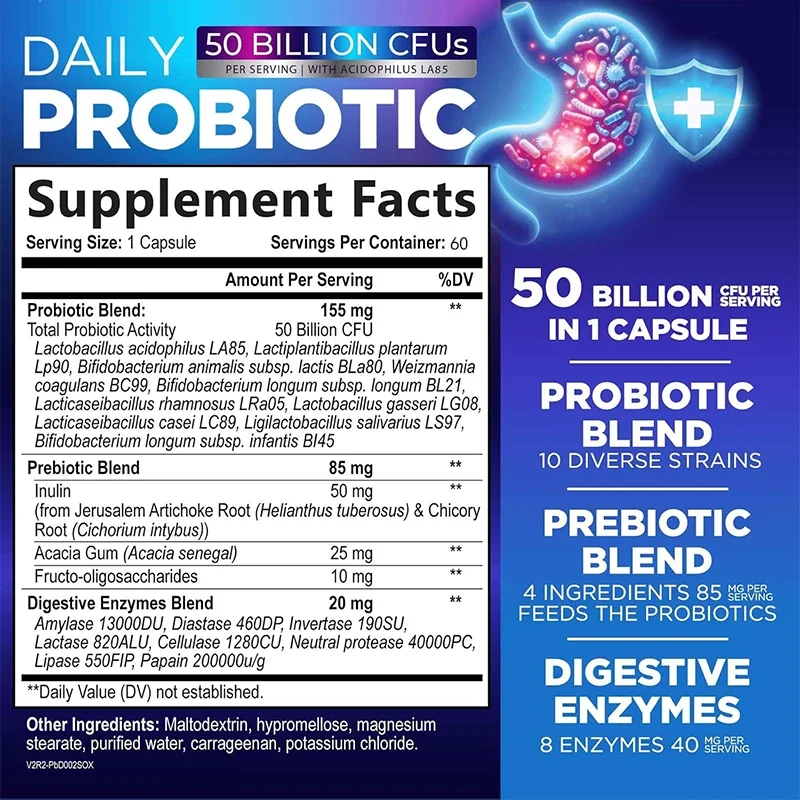 10 High-quality Bacterial Strains+digestive Enzymes, Supporting Intestinal Health, Constipation and Bloating, 60 Capsules