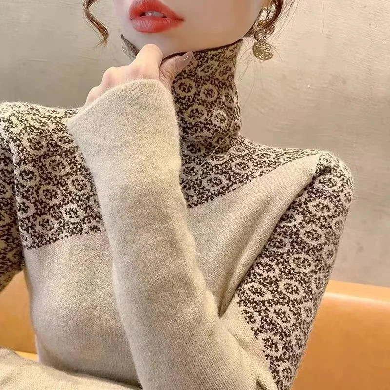 Autumn Winter New Patchwork Turtleneck Knit Sweaters Women Clothing Elegant Fashion Slim Long Sleeve Pullovers Office Lady Tops