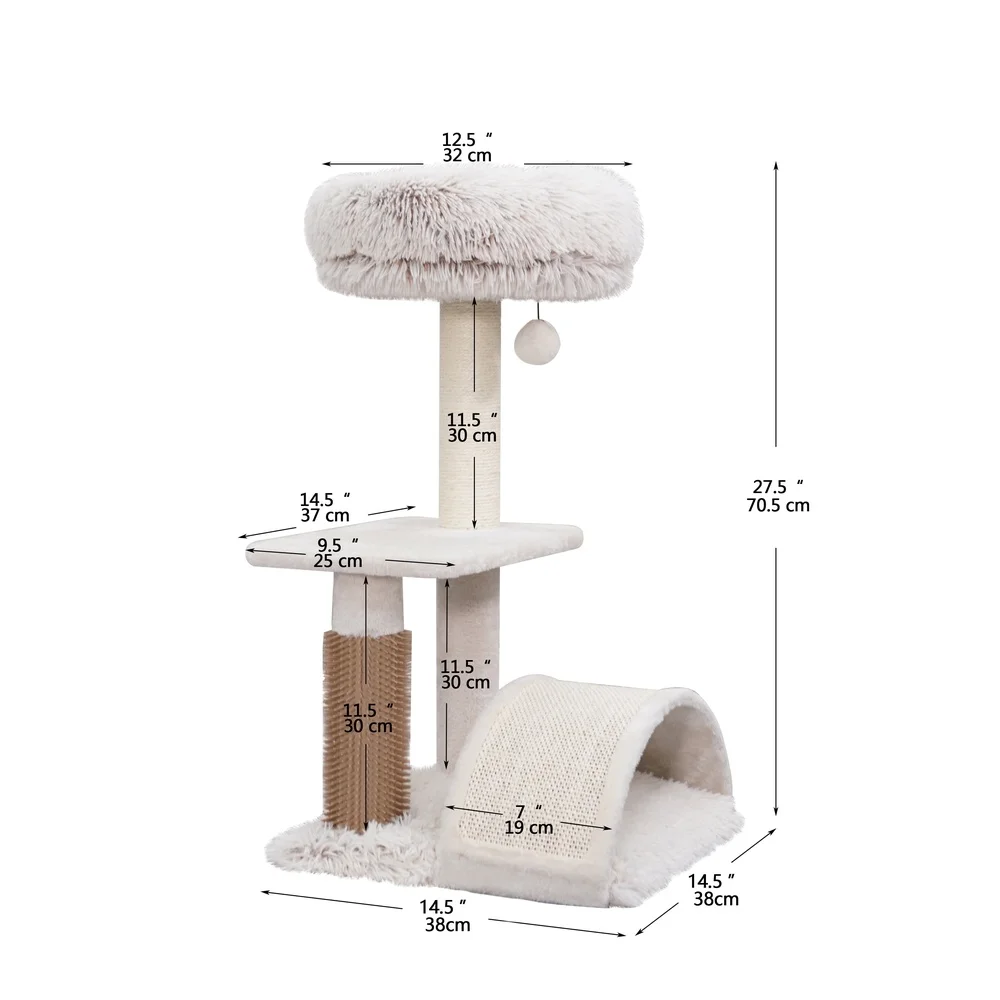 3-Level Cat Tree with Scratching Post Plush Sofa Bed Grooming Brush Teaser Toy Space Saving Design Cats