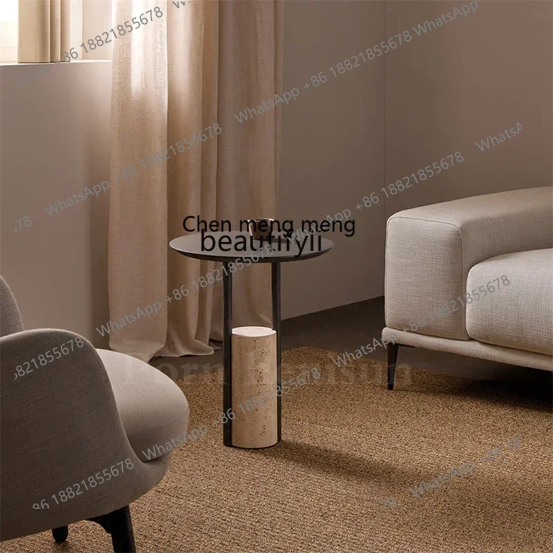 

CC Natural Travertine Round Edge Designer Light Luxury Household Living Room Bedside Table Solid Wood Corner Edge