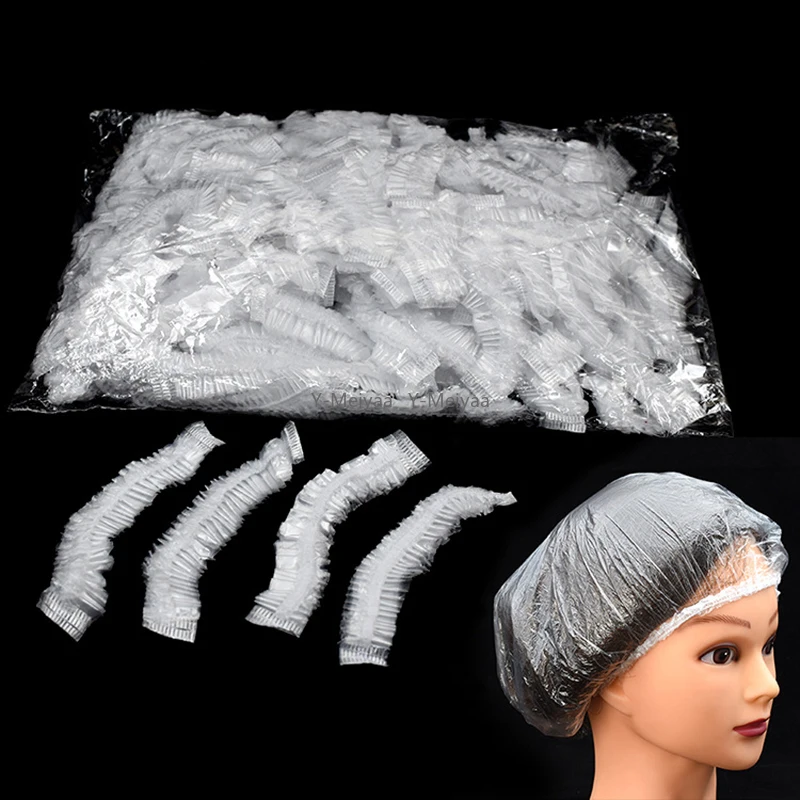 100 Stück Einweg-Duschbadekappe aus Kunststoff, wasserdicht, für Damen, Kopfhaarabdeckung, Badehut aus Kunststoff
