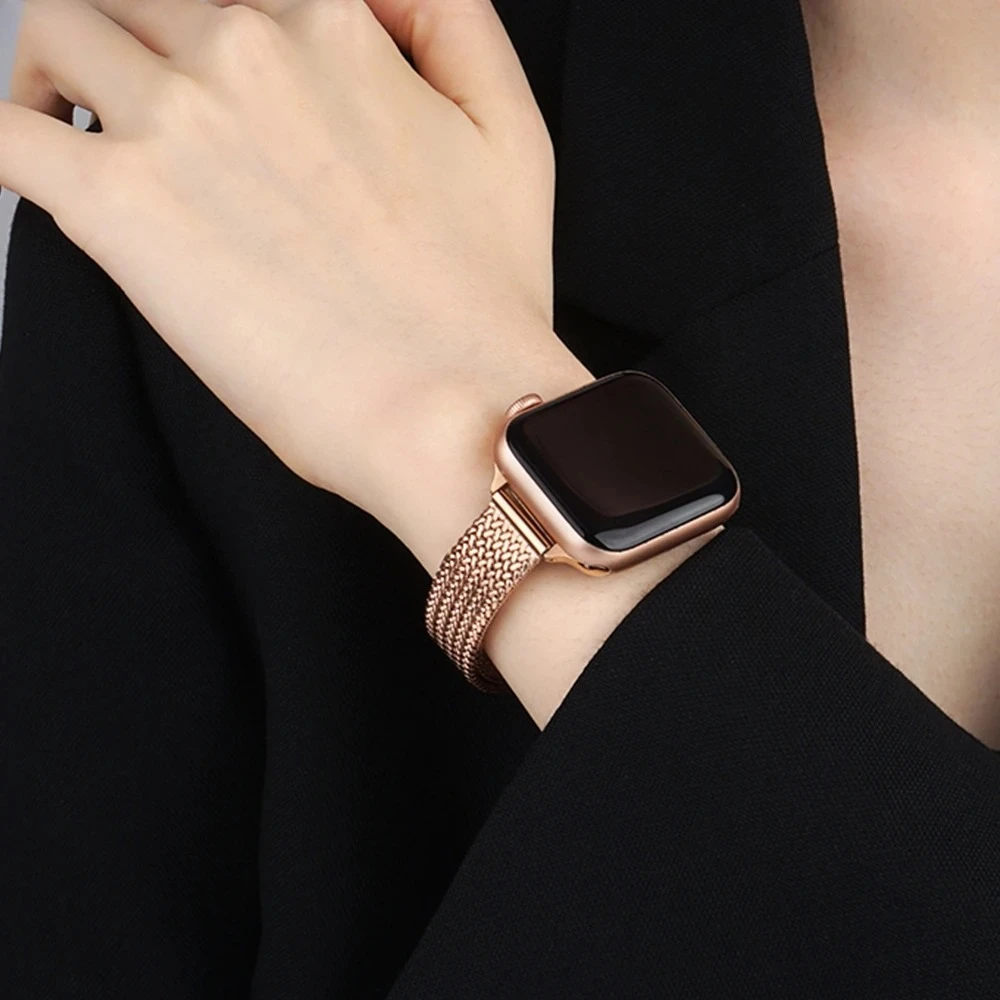 Band for Apple Watch Series 9 8 7 6 SE  Slim Milanese strap for iWatch stainless steel wire mesh chain girls wrist 40 41mm