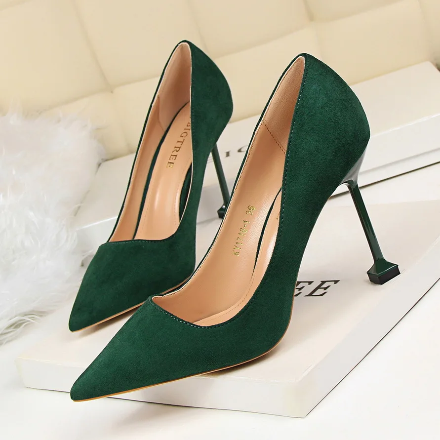 

BIGTREE Sexy Classic High Heels Women Pumps Wedding Solid Flock 9.5CM Thin Heels Cover Heel Office Ladies Slip on Shoes Woman