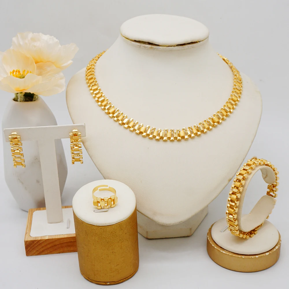 Ethiopian Ltalian Gold Color Jewelry Sets With Simple Atmospheric Earrings Necklace Bracelet Ring Suitable For Wedding Gifts