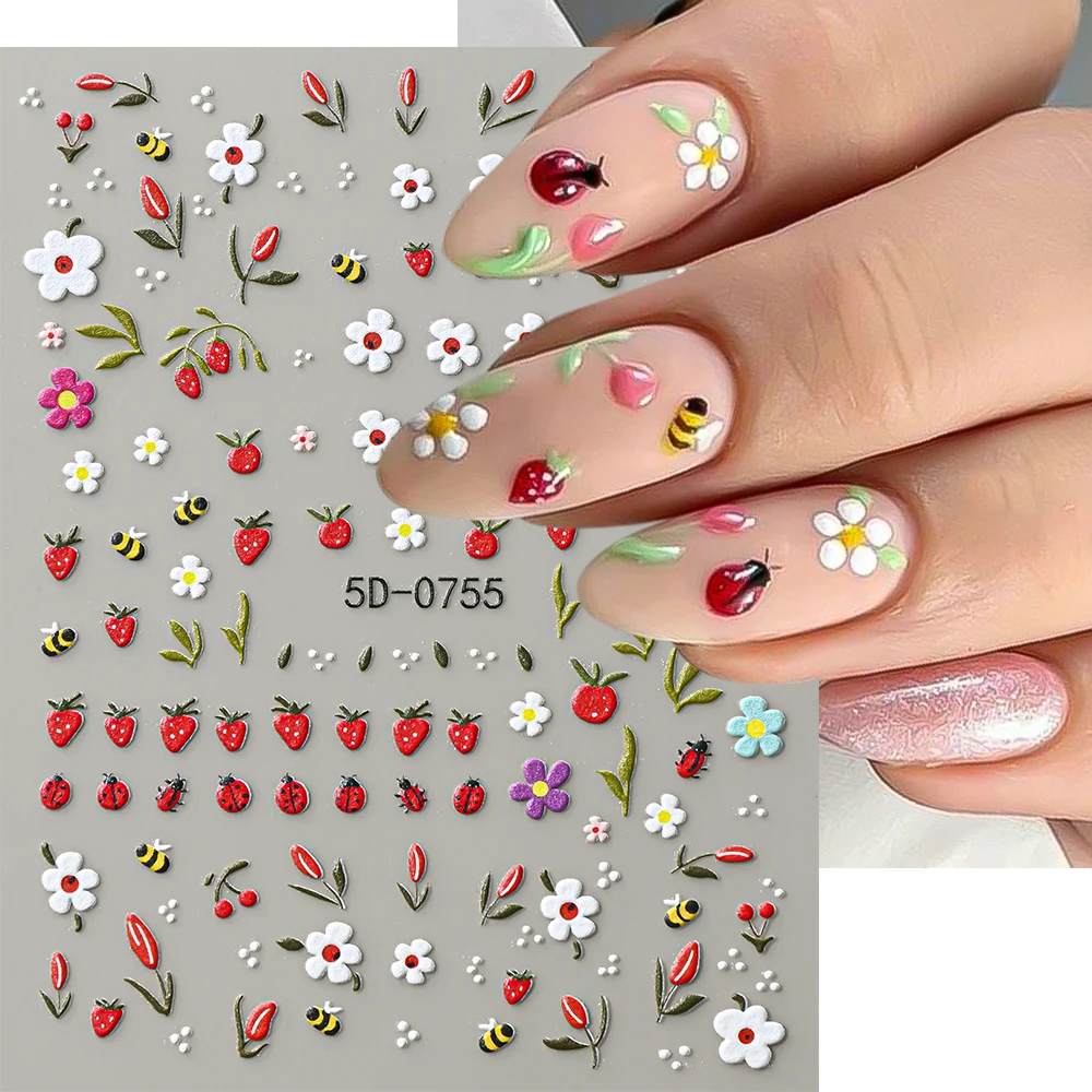 1sheet Red Ladybug Mini Flower Nail Stickers Spring Wildflowers Strawberry Bee Nail Decals Fresh Flower Clusters Art Stickers