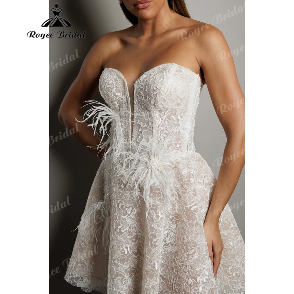 Strapless Sweetheart Floral Lace Mini Wedding Dress Corset Feather Flower Decor Soft Tulle A Line Short Bridal Gown Customized