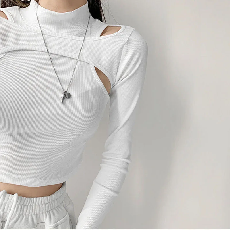 White Knitwear Fake Two Tops Cross Hollow Design Women's Tight Short Top Sexy Navel Exposed American Hottie Korean Fashion