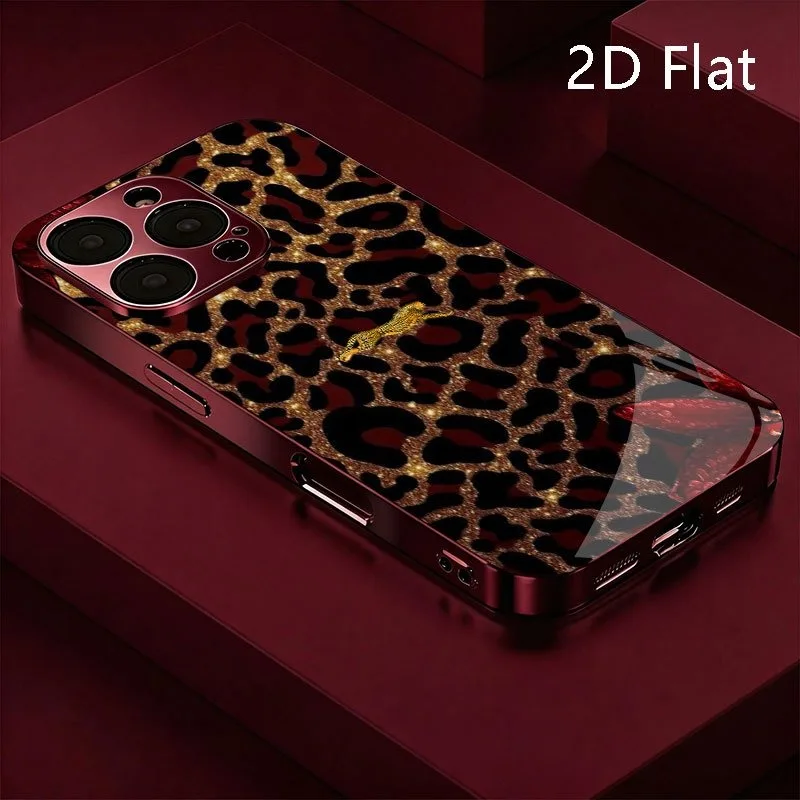 Coque en verre électroplaqué à motif de lily rouge et imprimé léopard, compatible avec les iPhone 11, 12, 13, 14, 15, 16, 17 et 18, ainsi que les modèles Max et Pro Plus.