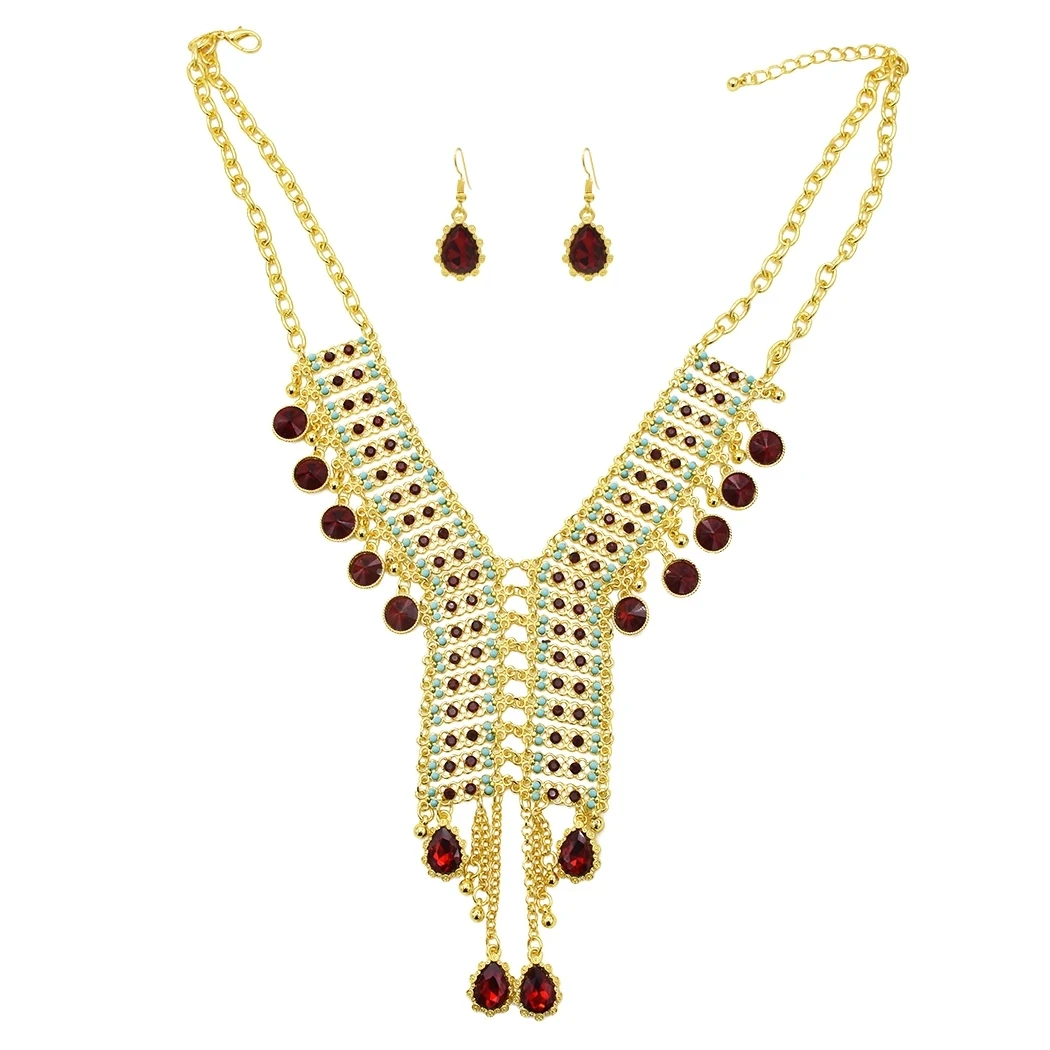 

Bohemian Golden Gold Plated Chain Resins Beads Crystal Pendant Necklace Earring sets Women's Wedding Gift