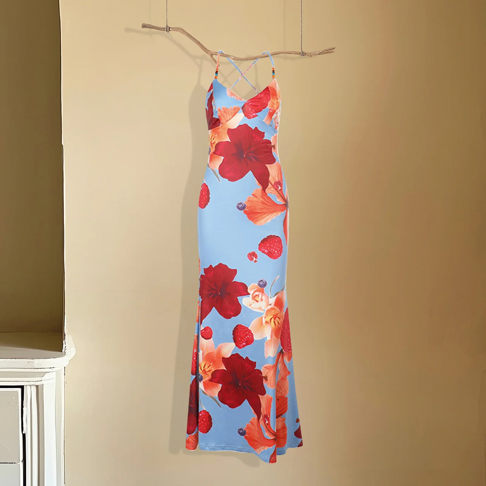 New Womens Floral Print Cami Dress Sleeveless Spaghetti Strap V-Neck Back Cross Slim Long Dress Club Street Style S M L