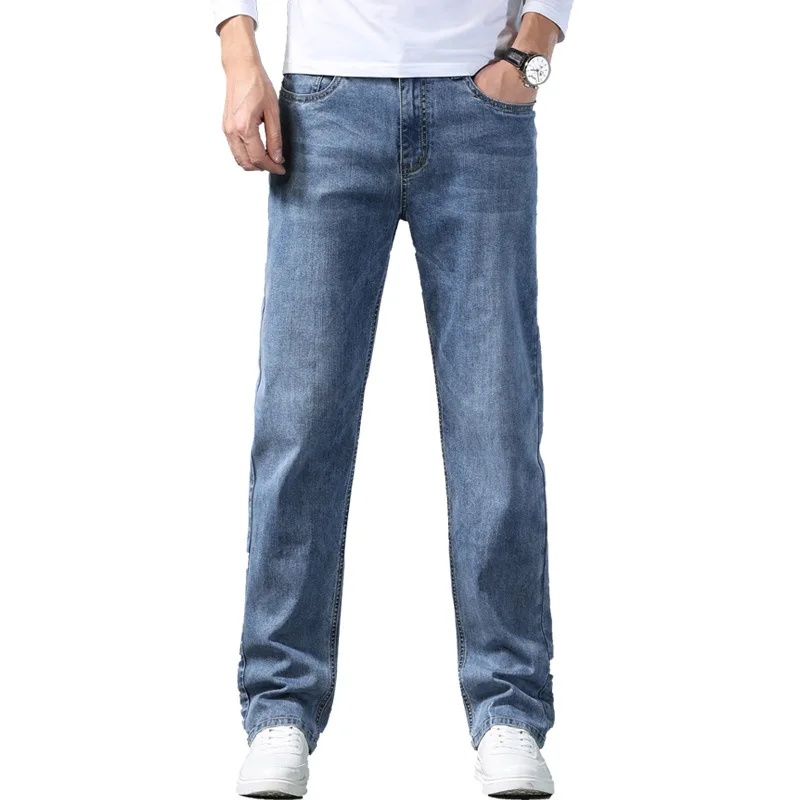2024 Spring New Men's Stretch Loose Jeans Classic Brand Straight Business Casual Elastic Waist Denim Trousers Plus Size 42 44 46