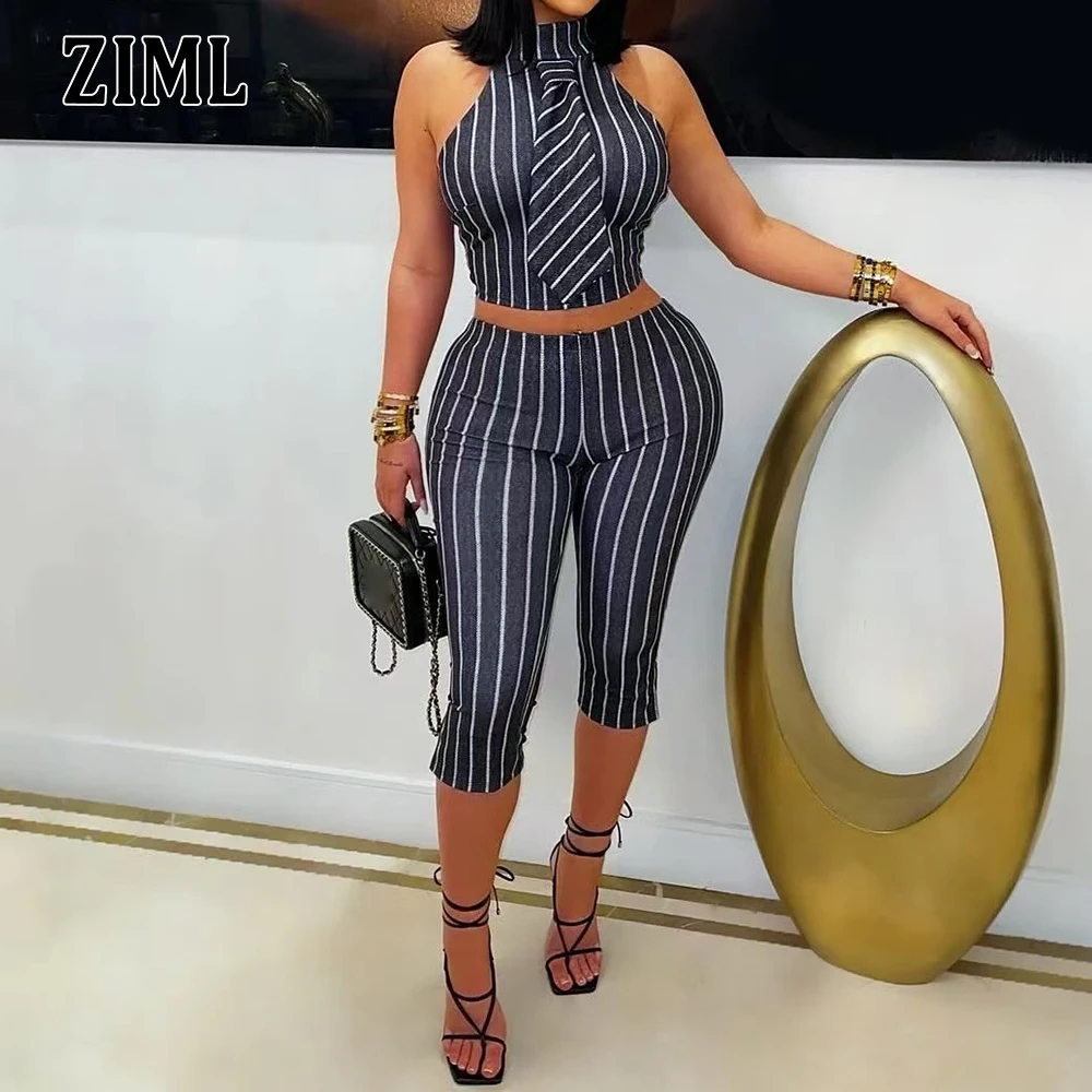 

ZIML Hit Color Two Piece Sets for Women Stand Collar Sleeveless Short Tops High Waist Temperament Pants Slimming Set Female New